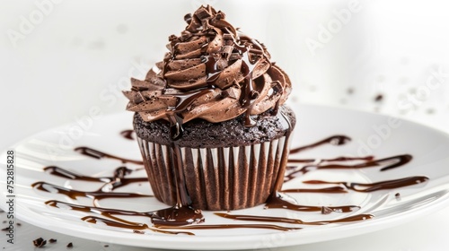 An indulgent chocolate cupcake with rich frosting, decorated with chocolate shavings, presented elegantly on a white plate