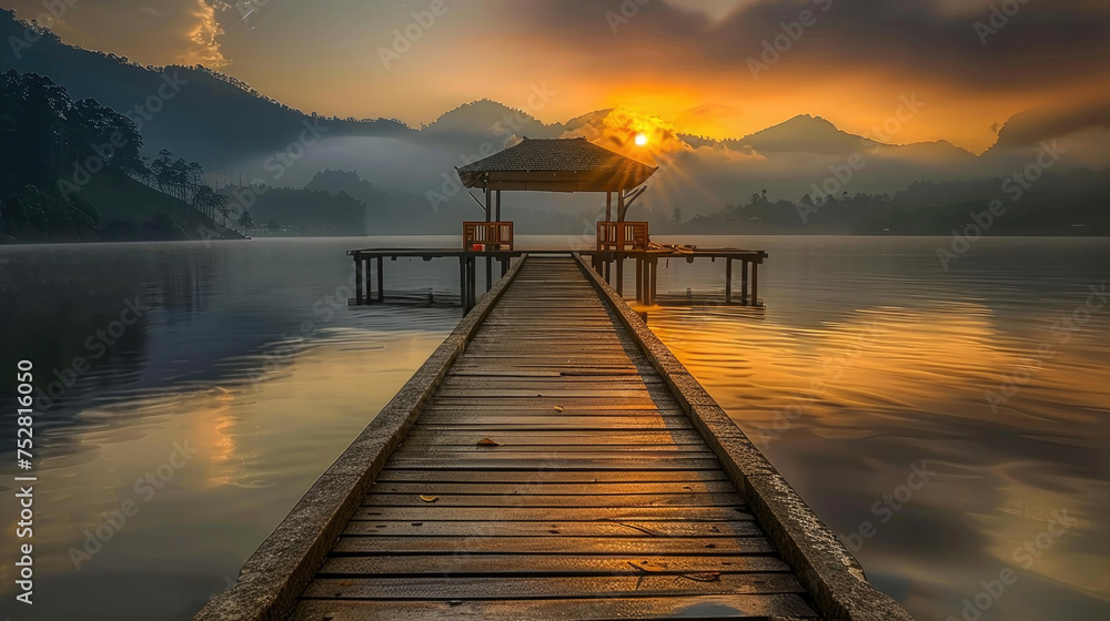 A pier stretching over a calm lake with a gazebo at the end, under a colorful sunset sky