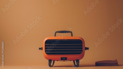 An orange suitcase placed atop a table surface