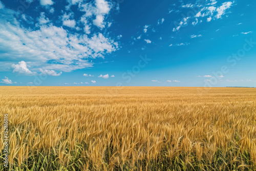 Golden wheat field under blue sky with clouds. Agriculture and farming.