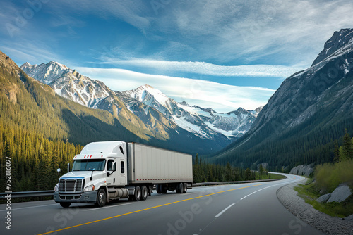 White semi truck on mountainous road for transportation and logistics © Postproduction