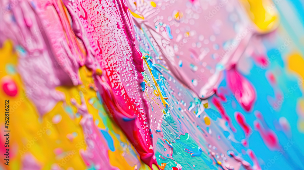 An up-close view of a vibrant painting with various colorful hues and drops of paint creating a dynamic and textured surface