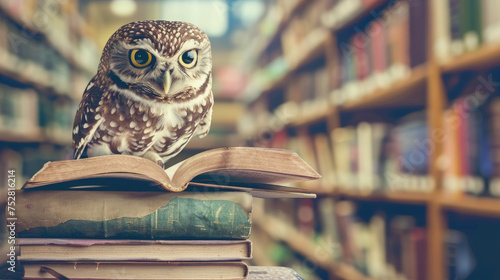 An owl perched on top of an open book in a library setting