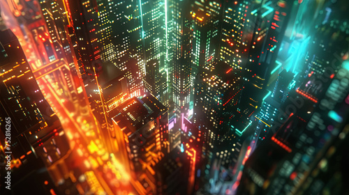 A colorful and bustling futuristic city aglow with countless lights, showcasing a vibrant and dynamic urban environment