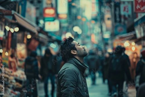 A young individual tilting their head upwards, lost in the city lights of a neon-lit street at dusk.