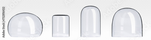 Glass transparent hemisphere dome cover. Realistic vector illustration set of glossy plastic protect bubble shield of ball and cylinder shape. Plexiglass empty jar container. Empty crystal showcase.