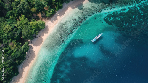 An aerial perspective of a boat resting on a sandy beach with footprints trailing towards the waters edge