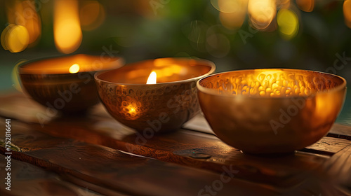 Close-up view of three bowls arranged neatly on a wooden table