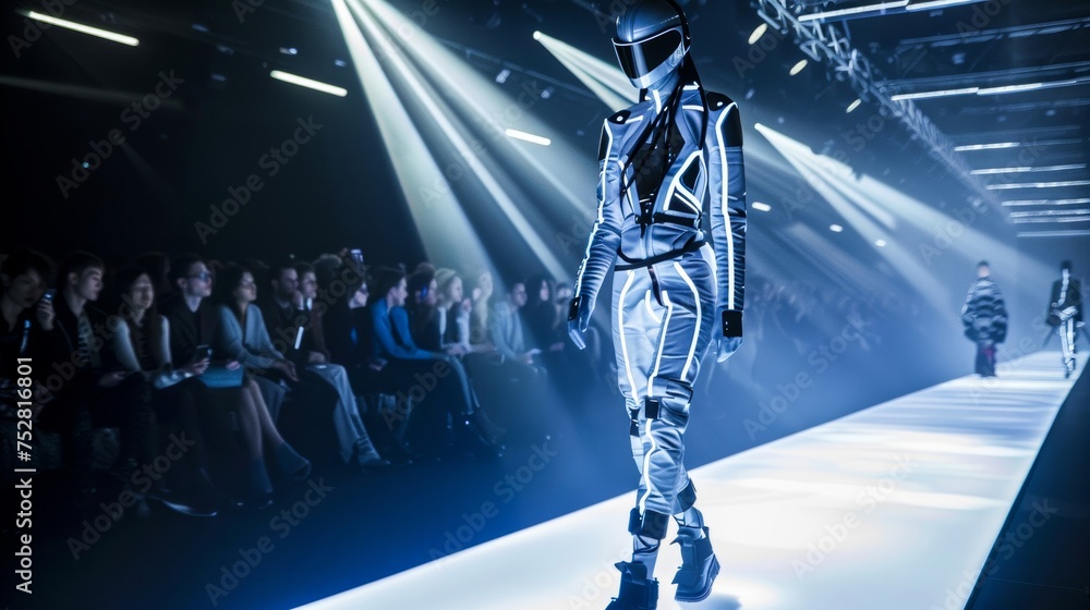 Fototapeta premium A fashion model in a futuristic outfit struts down a brightly lit runway during a fashion show