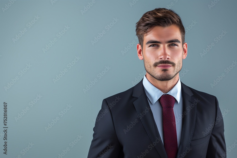 Confident Businessman in Suit and Tie Against Grey Background Confident Businessman in Suit and Tie Against Grey Background