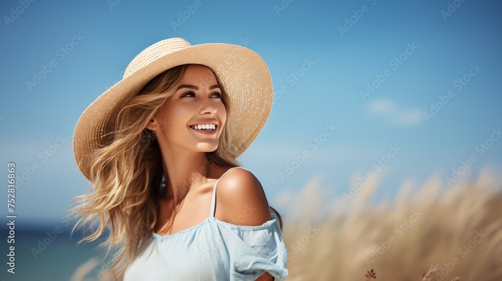 Smiling Young Woman Wearing Summer Hat by the Sea