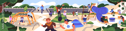 Children have fun on playground panorama. Kids play catch up, climbing. Little girl slides a tube. Boy rides a bike. Friends have games at yard together. Playtime in park. Flat vector illustration