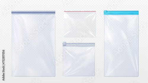 Plastic bag with zip locker mockup. Realistic vector illustration set of template for transparent clear empty sachet with zipper. Nylon pouch pocket. Vinyl package with lock for food or candy storage.