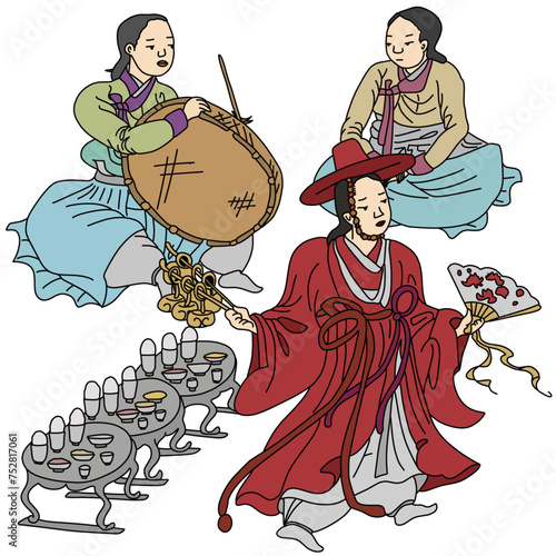 a shaman who holds a memorial service. korean tranditional illustration