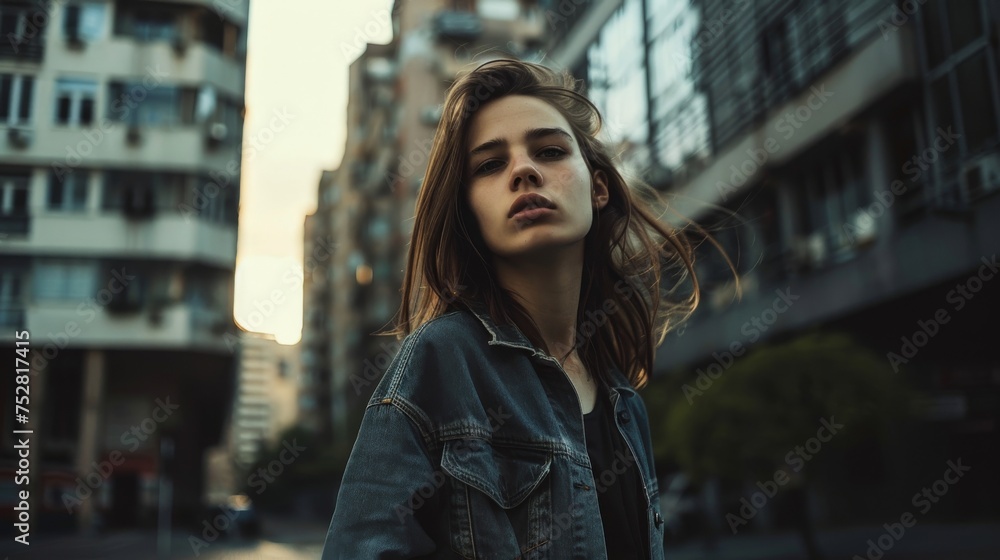 A thoughtful young woman in a denim jacket stands against the backdrop of a bustling city street at dusk.