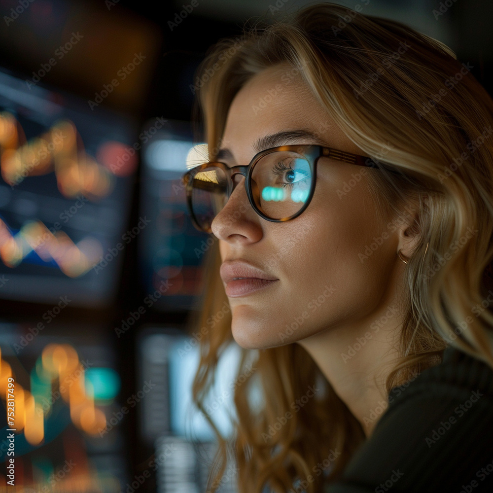 Finance analyst woman analyzing stock market trading graph Finance analyst woman analyzing stock market trading graph