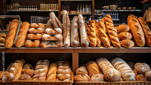 Variety of bread on display at a bakery shop.