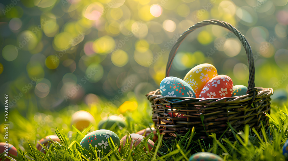 Easter egg hunt, easter eggs in a basket Easter egg hunt, easter eggs in a basket