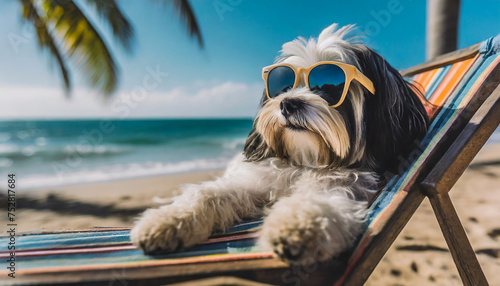 A Tibetan Terrier dog, wearing sunglasses, is lying on a beach chair on the beach, concept of holiday, travel and leisure © LynnC
