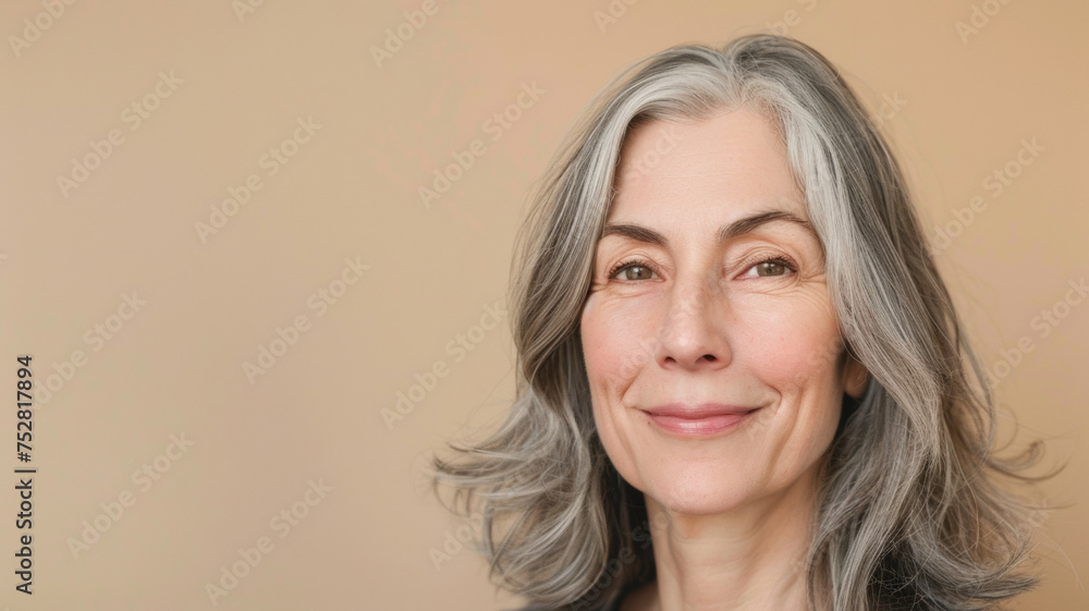 Fototapeta premium Close-up of a mature woman's half-smile, conveying graceful aging and authentic beauty.