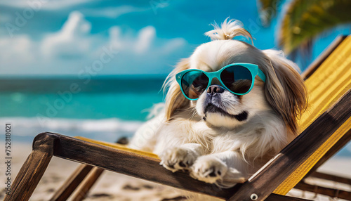 A Pekingese dog, wearing sunglasses, is lying on a beach chair on the beach, concept of holiday, travel and leisure