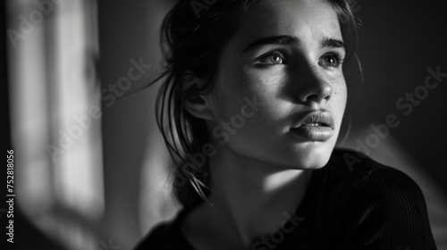 A thoughtful young woman is captured in a monochromatic light, with a contemplative expression and striking eyes.