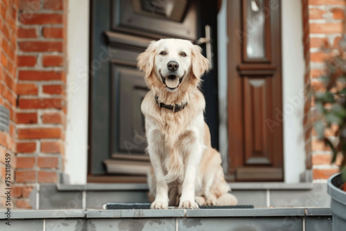 Welcome Home: Cheerful Golden Retriever Greeting at the Front Door