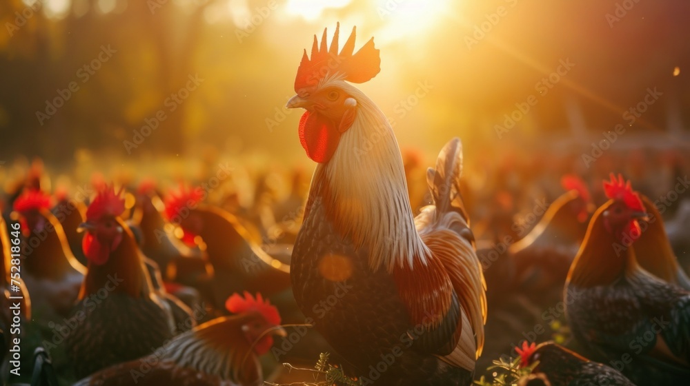 Rooster on blurred beautiful sunrise sky with sun light in farm autumn background - obrazy, fototapety, plakaty 