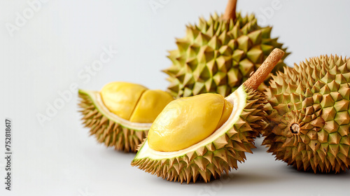 Durian or mon thong ripe and part with spikes isolated on a white background.  King of fruits from Thailand.