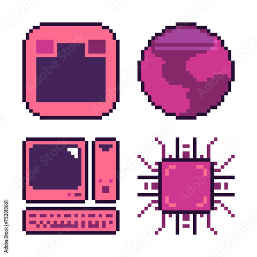 Pink Pixel Art Icon Mini Set, Internet and Connections