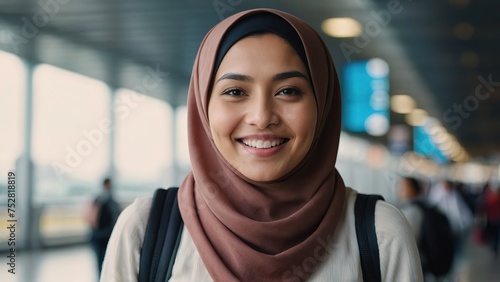 Muslim asian woman with traditional hijab and backpack walking on airport