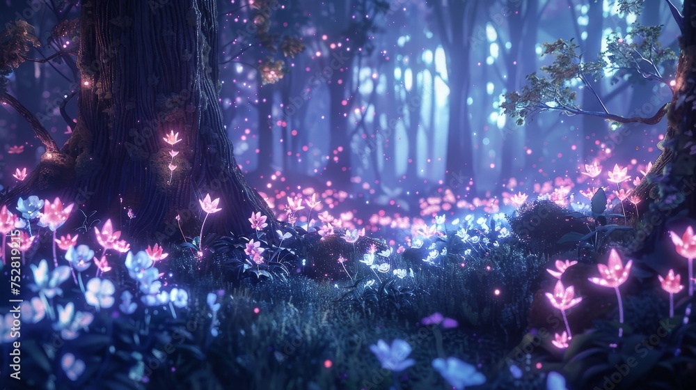 Fototapeta premium A mystical forest filled with glowing flowers and ethereal creatures