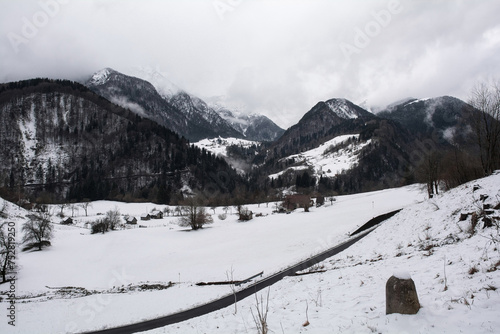 Deep winter snow in Val Pontebbana, north of Pontebba in Udine Province, Friuli-Venezia Giulia, North East Italy. Late February photo