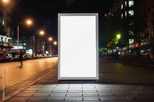 A Mockup of a blank white vertical advertising banner billboard stand on the street pavement at night.