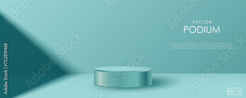 Turquoise podium mockup with shadow. Studio showroom pedestal, showcase mockup stage. 3d vector podium for product presentation.
