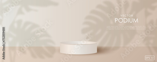 Beige podium mockup with shadows from monstera leaves. Studio showroom pedestal, showcase mockup stage. 3d vector podium for product presentation.