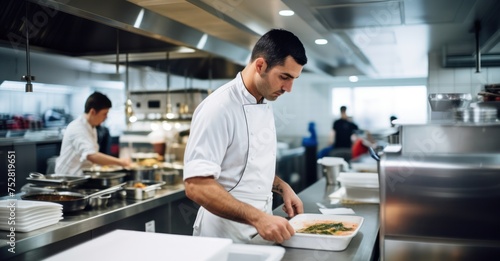 a chef in a busy restaurant kitchen, skillfully preparing a gourmet dish, surrounded by fresh ingredients, utensils, and stainless steel surfaces
