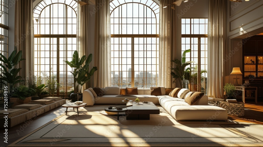 Fototapeta premium Interior of light living room with grey sofas, coffee table and large window