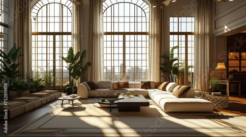 Interior of light living room with grey sofas, coffee table and large window