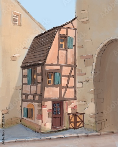 Hand drawn illustration of a narrow street