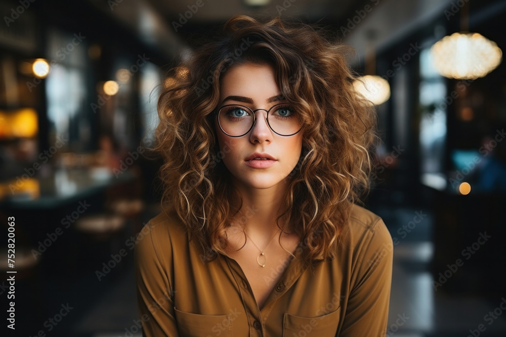 Portrait of serious pensive curly young brunette woman wearing glasses and looking into a camera at cafe shop - obrazy, fototapety, plakaty 