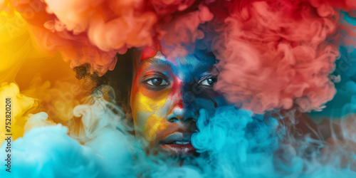 Color Cloud Mystery. A face emerges from clouds of multicolored smoke, hinting at the enigma of creativity and the human essence.