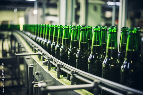 Beer factory interior, bottles of beer on a production line