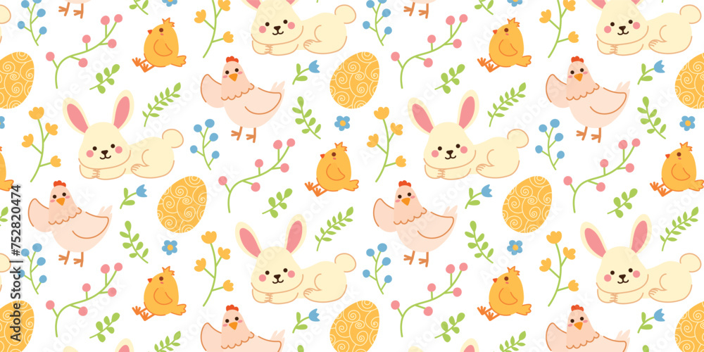 Cute hand drawn Happy Easter seamless pattern with bunny and chicken. Background with flowers, easter eggs, rabbit, hen and leaves. Flat vector illustration. Spring pattern for banners, posters. Cute hand drawn Happy Easter seamless pattern with bunny and chicken. Background with flowers, easter eggs, rabbit, hen and leaves. Flat vector illustration. Spring pattern for banners, posters.