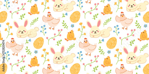 Cute hand drawn Happy Easter seamless pattern with bunny and chicken. Background with flowers, easter eggs, rabbit, hen and leaves. Flat vector illustration. Spring pattern for banners, posters.