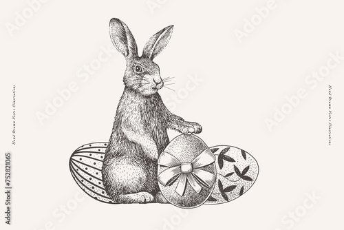 A cute bunny holds Easter eggs with his paw on a light background. Funny bunny and painted eggs in engraving style. Vector illustration for spring holiday.