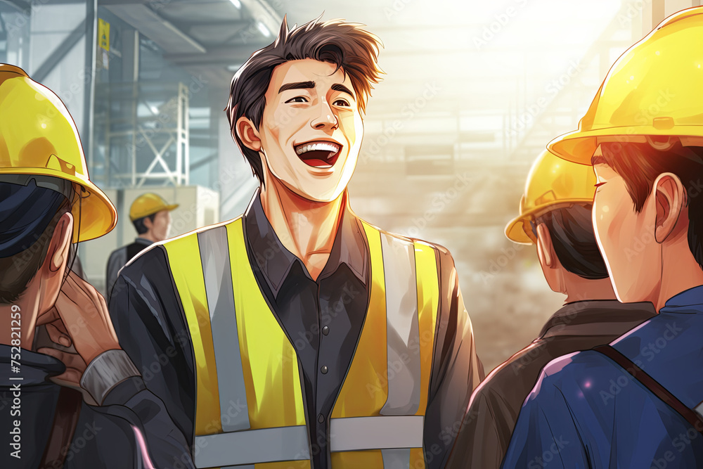A candid shot of a male engineer laughing with coworkers during a break - obrazy, fototapety, plakaty 