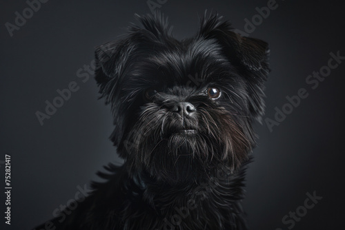  A striking portrait capturing the unique charm and distinctive features of a black Affenpinscher, showcasing its lively expression and wiry coat.