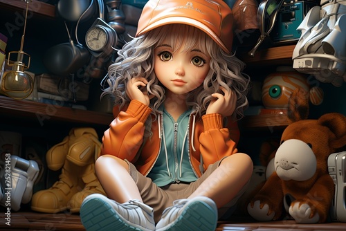 A high angle shot of a doll sitting on a shelf looking down at the viewer anime character style vivid tones cute style