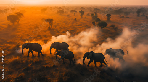 A herd of elephants are walking through a field of tall grass